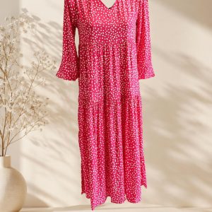 ,,Langes Viskosekleid in Pink mit weißen Tupfen "